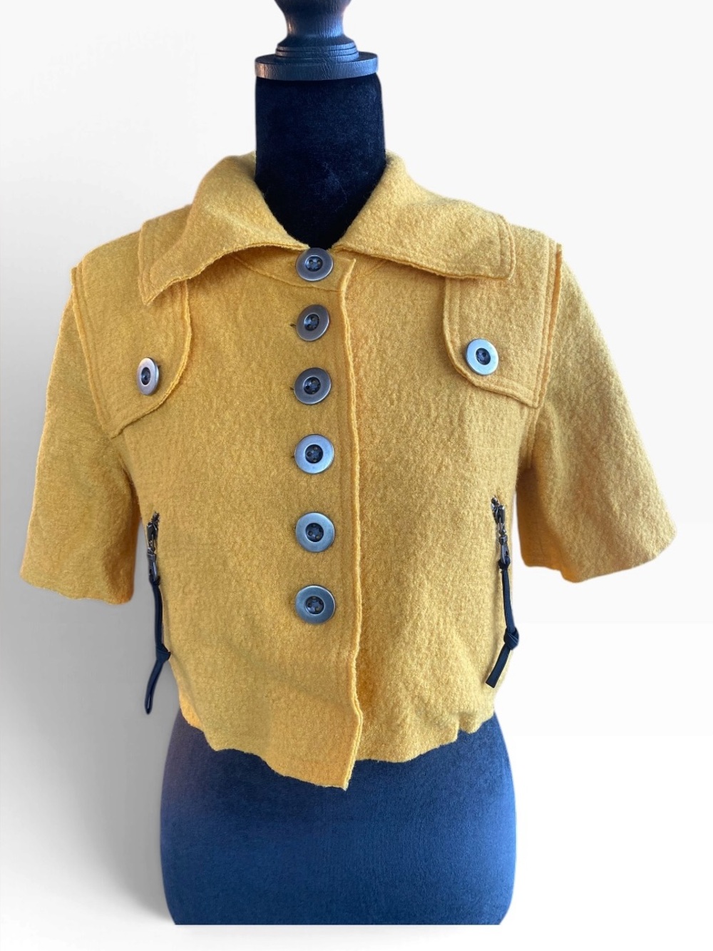 Millard Fillmore Womens S Mustard Yellow Wool Blend Cropped Jacket Y2K Short Sle